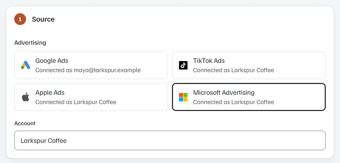 The report builder's first step, with Microsoft Advertising chosen as the source and its account picked.